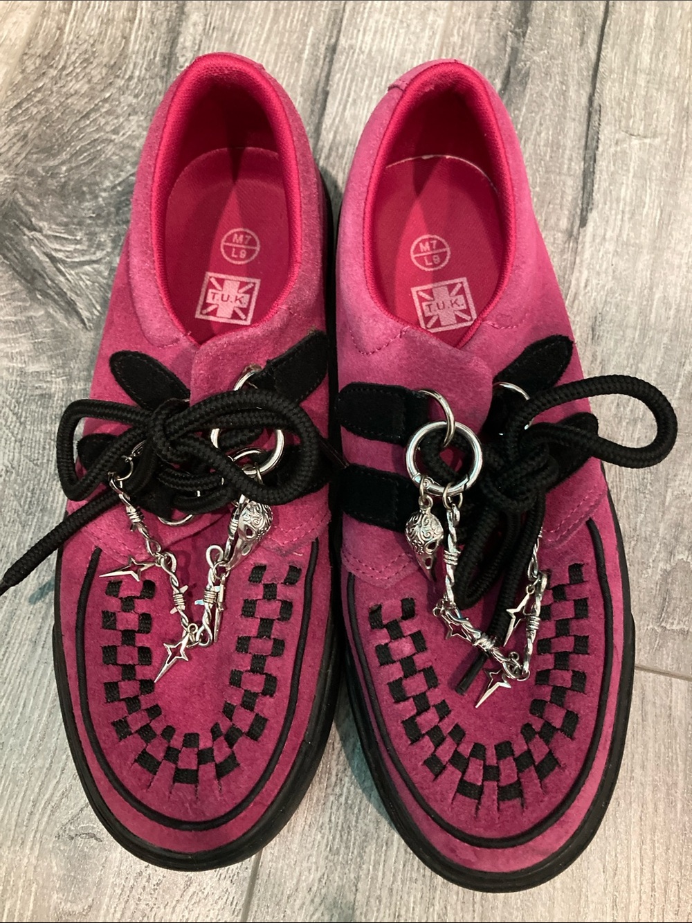 T.U.K Pink Suede Checkerboard Creeper Loafers with Black Trim + goth crow charms